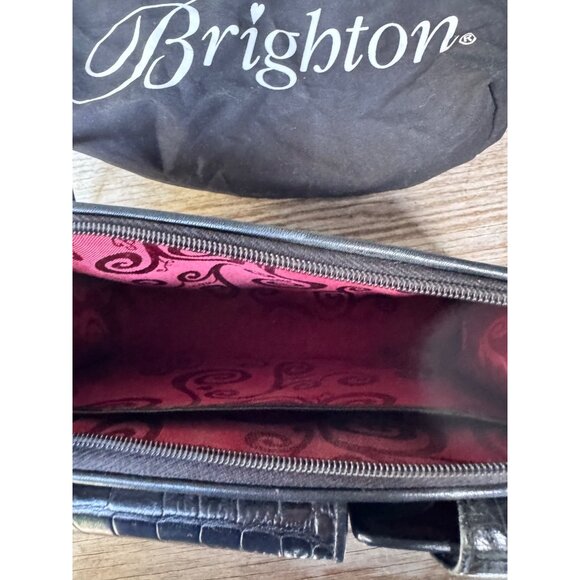 Brighton Black Croc Embossed Leather Organizer Crossbody Wallet Purse Heart Hard - Picture 7 of 10